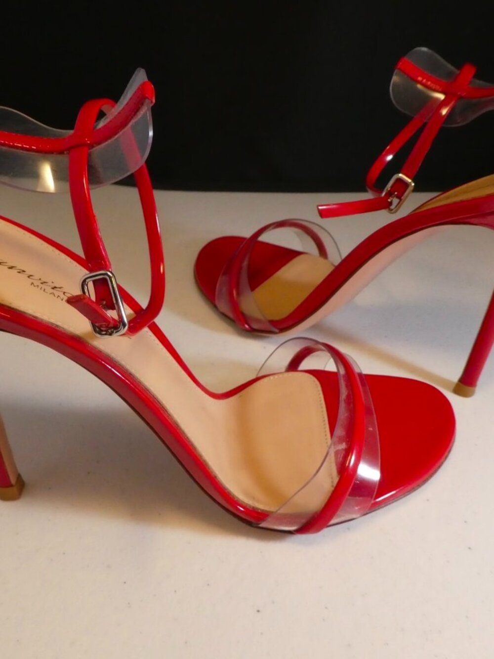 GIANVITO ROSSI RED PLASTIC PATENT Ankle Strap Shoes Heels Sandals